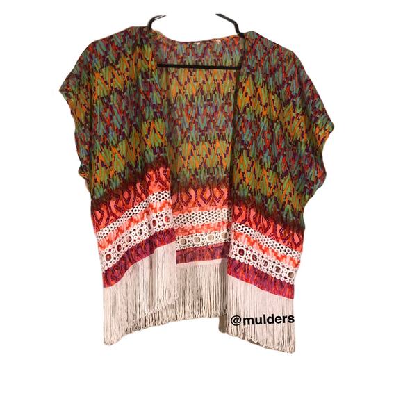 Dillards Ikat Eyelet & Fringe Patterned Cardigan - Picture 1 of 10